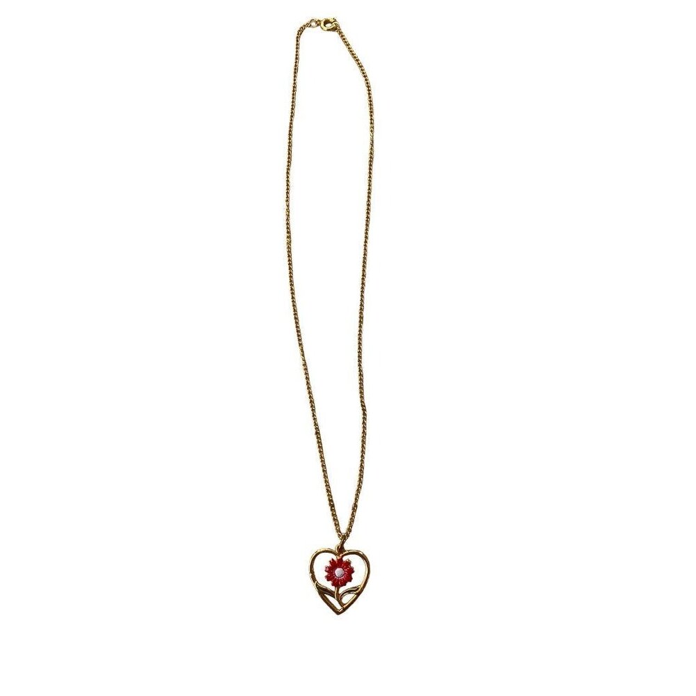 Goldtone Necklace Floral 1" Heart Pendant on 19" Chain Red White - Picture 2 of 13